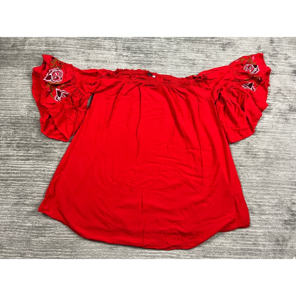 Feathers Blouse Womens 1X Red Off Shoulder Floral Embroidered Bell Sleeve Boho